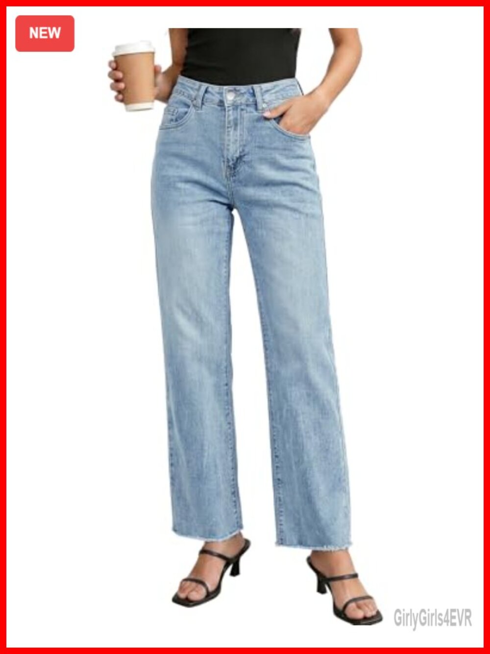 High Waisted Straight Leg Jeans Stretchy Raw Hem Denim Pants Baggy